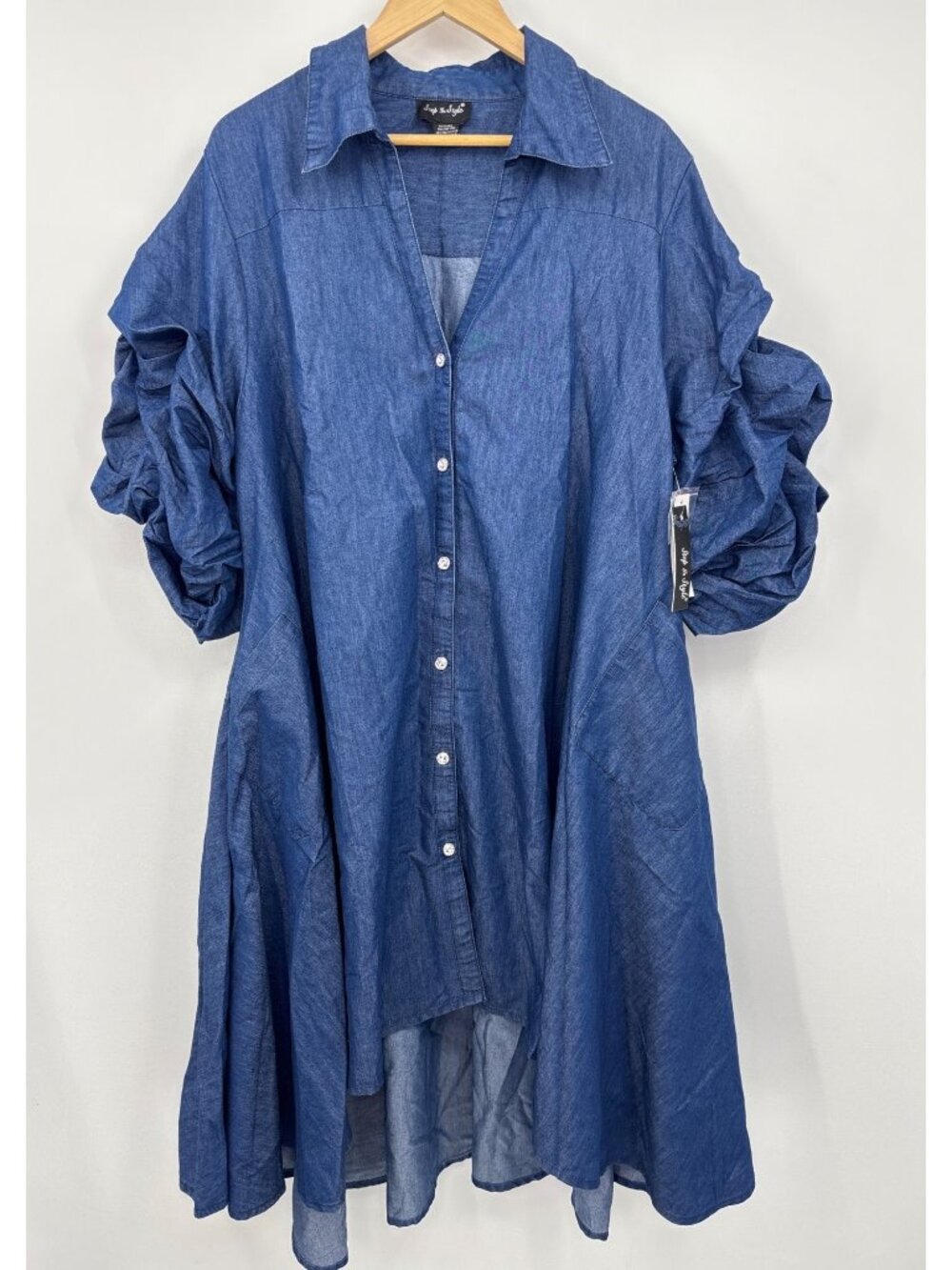 Step In Style Denim Puff Sleeve Hi Lo Jean Dress Rhinestone Button Size 3X NEW